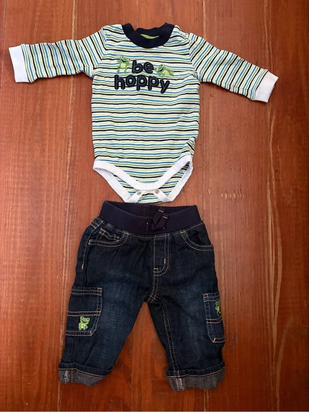 Gymboree Striped Green & Blue Bodysuit with Dark Denim Jeans
